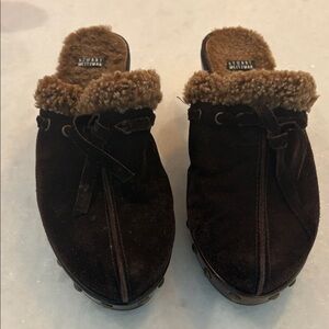 Stuart Weitzman Dark Brown Suede Clogs with Faux Fur